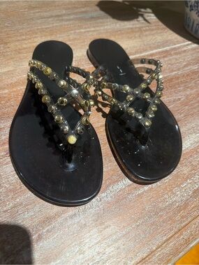 Casadei Black Jelly Thong Sandals with Gold Studs